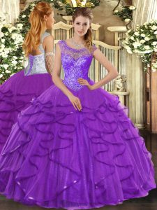 Custom Designed Purple Lace Up Scoop Beading and Ruffles Sweet 16 Dresses Tulle Sleeveless