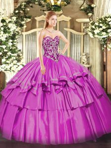 Free and Easy Organza and Taffeta Sweetheart Sleeveless Lace Up Beading and Ruffled Layers Quince Ball Gowns in Lilac