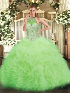 Yellow Green Quinceanera Dress Military Ball and Sweet 16 and Quinceanera with Beading and Ruffles and Pick Ups Halter Top Sleeveless Lace Up