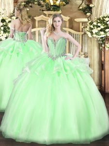 Floor Length Apple Green 15th Birthday Dress Organza Sleeveless Beading