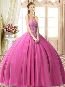 Nice Fuchsia Sleeveless Floor Length Beading Lace Up Quince Ball Gowns