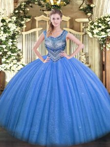 Sumptuous Blue Ball Gowns Tulle Scoop Sleeveless Beading Floor Length Lace Up Quinceanera Gowns