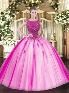 Fuchsia Ball Gowns Scoop Cap Sleeves Tulle Floor Length Lace Up Beading and Appliques Quinceanera Dresses
