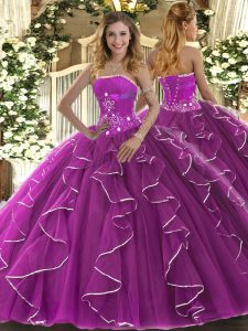 Custom Made Fuchsia Ball Gowns Beading and Ruffles Sweet 16 Quinceanera Dress Lace Up Tulle Sleeveless Floor Length