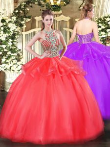 Ball Gowns Quince Ball Gowns Coral Red Halter Top Tulle Sleeveless Floor Length Lace Up