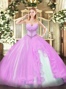 Lilac Sleeveless Floor Length Beading and Ruffles Lace Up Quinceanera Gown
