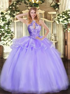 Exquisite Lavender Lace Up Halter Top Beading 15th Birthday Dress Organza Sleeveless