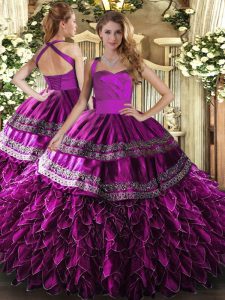 Halter Top Sleeveless Lace Up Quinceanera Gowns Fuchsia Satin and Organza