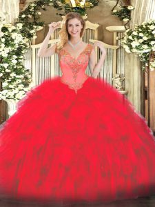 Romantic Red Ball Gowns Beading and Ruffles Quinceanera Gown Lace Up Organza Sleeveless Floor Length
