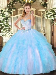 Tulle Sweetheart Sleeveless Lace Up Beading and Ruffles Sweet 16 Dresses in Aqua Blue