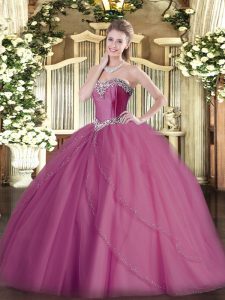 Sleeveless Tulle Brush Train Lace Up Quince Ball Gowns in Lilac with Beading