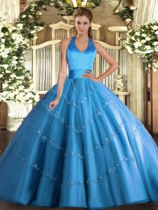 Ideal Baby Blue Ball Gowns Tulle Halter Top Sleeveless Appliques Floor Length Lace Up Sweet 16 Dresses
