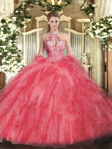 Ball Gowns Quinceanera Gowns Coral Red Halter Top Organza Sleeveless Floor Length Lace Up