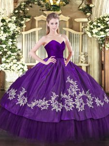 Modern Sweetheart Sleeveless Quinceanera Gowns Floor Length Embroidery Purple Organza and Taffeta