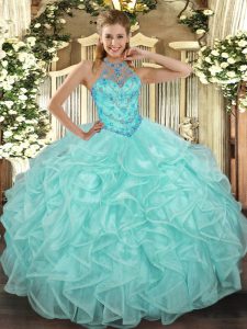 Exquisite Apple Green Organza Lace Up 15 Quinceanera Dress Sleeveless Floor Length Beading and Ruffles