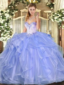 Deluxe Lavender Organza Lace Up Ball Gown Prom Dress Sleeveless Floor Length Beading and Ruffles
