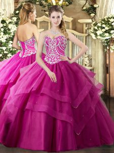 Fuchsia Ball Gowns Tulle Sweetheart Sleeveless Beading and Ruffled Layers Floor Length Lace Up Quinceanera Gown
