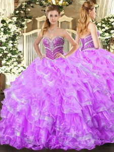 Lilac Sweetheart Neckline Beading and Ruffled Layers 15th Birthday Dress Sleeveless Lace Up