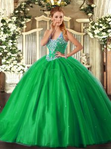 Sophisticated Sleeveless Tulle Floor Length Lace Up Quinceanera Dress in Green with Beading