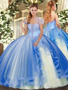Ideal Blue Ball Gowns Appliques and Ruffles Sweet 16 Dresses Lace Up Tulle Sleeveless Floor Length