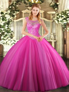 Hot Pink Lace Up Scoop Beading Sweet 16 Dresses Tulle Sleeveless