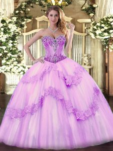 Popular Floor Length Lace Up Sweet 16 Quinceanera Dress Lilac for Sweet 16 and Quinceanera with Beading