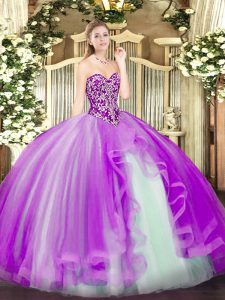 Discount Lilac Tulle Lace Up Sweetheart Sleeveless Floor Length Quinceanera Gowns Beading and Ruffles