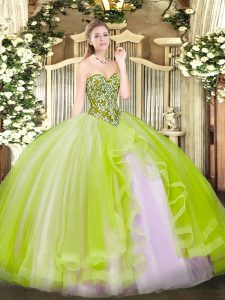 Stylish Yellow Green Quince Ball Gowns Military Ball and Sweet 16 and Quinceanera with Beading and Ruffles Sweetheart Sleeveless Lace Up