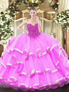 Stunning Fuchsia Organza Lace Up Quinceanera Dress Sleeveless Floor Length Lace