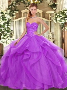 Dramatic Lilac Ball Gowns Tulle Sweetheart Sleeveless Beading and Ruffles Floor Length Lace Up Quinceanera Gown