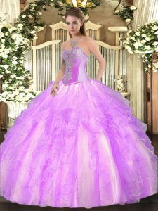 Glittering Floor Length Lace Up 15th Birthday Dress Lilac for Military Ball and Sweet 16 and Quinceanera with Beading and Ruffles