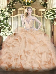 Delicate Floor Length Ball Gowns Sleeveless Peach Sweet 16 Dress Lace Up