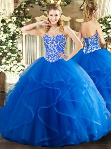 Blue Ball Gowns Sweetheart Sleeveless Tulle Floor Length Lace Up Beading and Ruffles Quinceanera Gowns