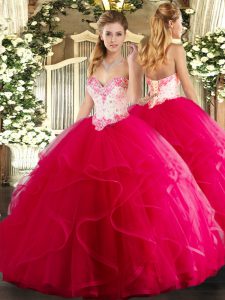 Cheap Hot Pink Lace Up Sweetheart Beading and Ruffles Sweet 16 Dresses Tulle Sleeveless