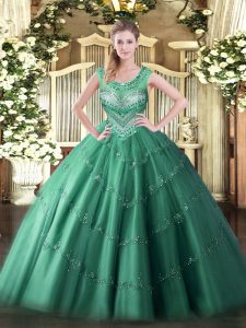 Dark Green Scoop Lace Up Beading and Appliques Quinceanera Gowns Sleeveless