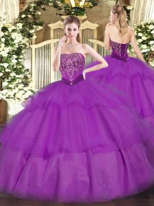 Most Popular Purple Strapless Lace Up Beading and Ruffled Layers Quince Ball Gowns Sleeveless