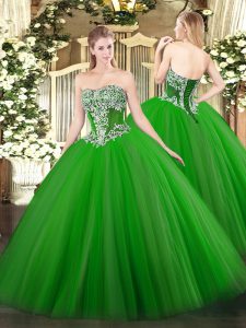 Popular Sleeveless Floor Length Beading Lace Up Quinceanera Gown with Green