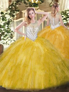 Beautiful Scoop Sleeveless Tulle Quince Ball Gowns Beading and Ruffles Zipper