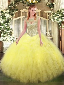 Vintage Scoop Sleeveless Tulle 15th Birthday Dress Beading and Ruffles Lace Up