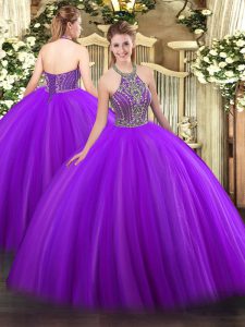 Halter Top Sleeveless Ball Gown Prom Dress Floor Length Beading Purple Tulle