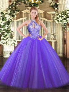 Purple Quinceanera Gowns Military Ball and Sweet 16 and Quinceanera with Sequins Halter Top Sleeveless Lace Up