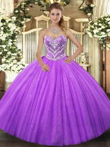 Sophisticated Lavender Ball Gowns Beading Quinceanera Dress Lace Up Tulle Sleeveless Floor Length