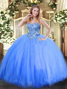 Blue Lace Up Sweet 16 Dresses Appliques Sleeveless Floor Length
