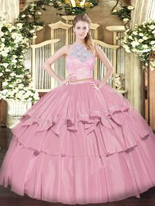 Floor Length Baby Pink Sweet 16 Dress Tulle Sleeveless Lace and Ruffled Layers