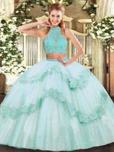 Apple Green Sleeveless Floor Length Beading and Appliques and Ruffles Criss Cross Quinceanera Gown