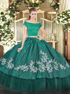 Shining Teal Zipper Quinceanera Gowns Embroidery Short Sleeves Floor Length