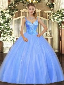 Glorious Blue Sleeveless Floor Length Beading Lace Up Quinceanera Gowns