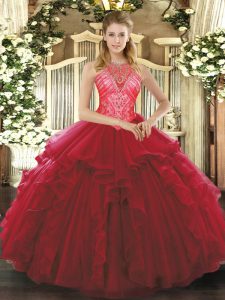 New Style Sleeveless Floor Length Ruffles Lace Up 15 Quinceanera Dress with Wine Red