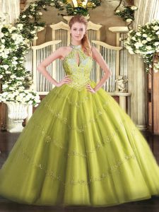 Unique Yellow Green Tulle Lace Up Halter Top Sleeveless Floor Length Quinceanera Dresses Beading