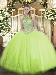 Yellow Green Vestidos de Quinceanera Military Ball and Sweet 16 and Quinceanera with Beading Halter Top Sleeveless Lace Up
